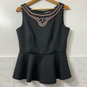 Bisou Bisou M Black Embellished Elegant Chic Classic Sleeveless Peplum Top
